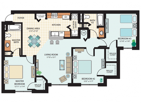 Floor plan for 3 beds, 2 baths, 1240 sqft